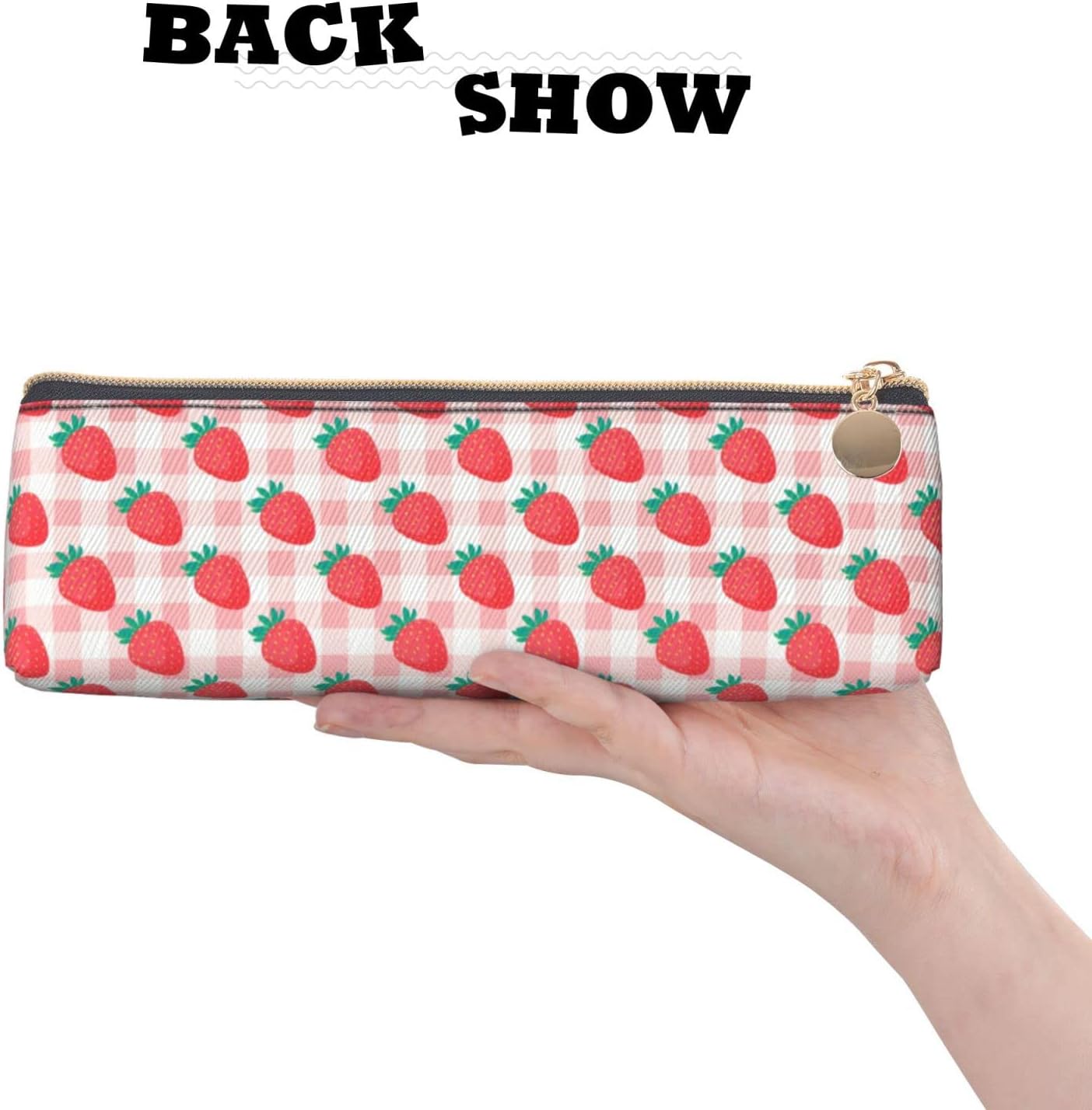 Pink Strawberries Green Leaves Pencil Case Triangle Pencil Case Portable Pencil Case Leather Organizer with Zipper Cosmetic Bag, Green, pink, Bag organiser – Bild 4