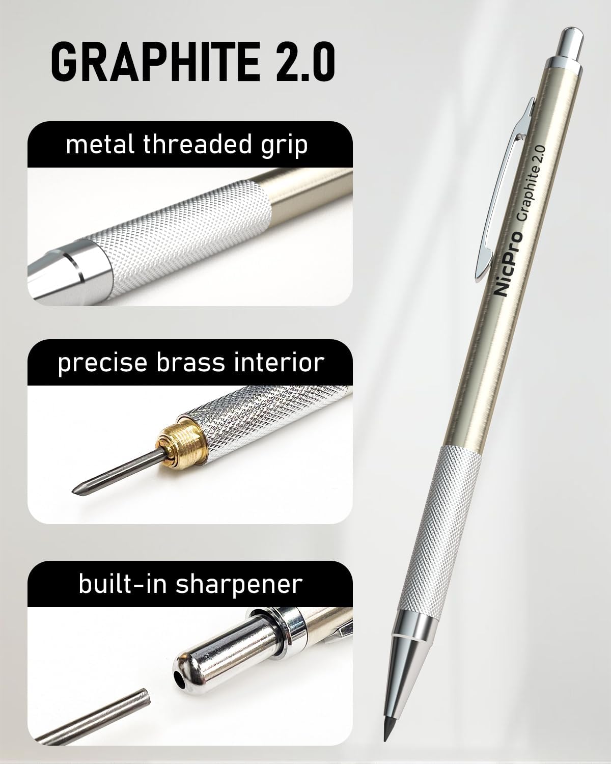 Nicpro 5 Piece Metal Mechanical Pencil Set with Case, Artist Pencils with 9 Cans of Replacement Leads 0.3, 0.5, 0.7, 0.9 and 2 mm (2H HB 2B 4B Coloured Lead), 2 Erasers, for Sketching and Drawing – Bild 3
