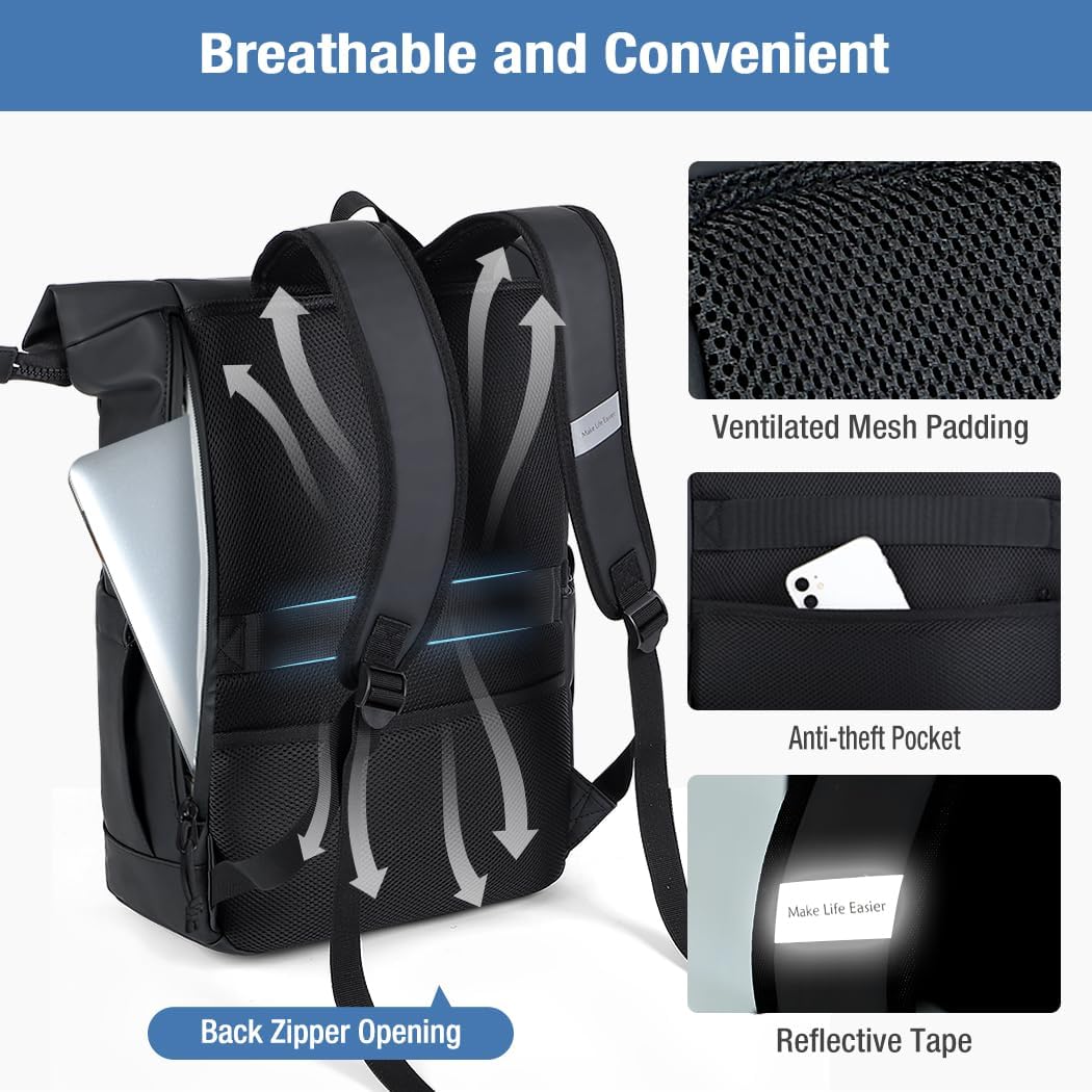 Laptop Backpack, Women's and Men's Roll-Top Waterproof Hiking Backpack, Lightweight, Black Large, XL, Casual – Bild 5