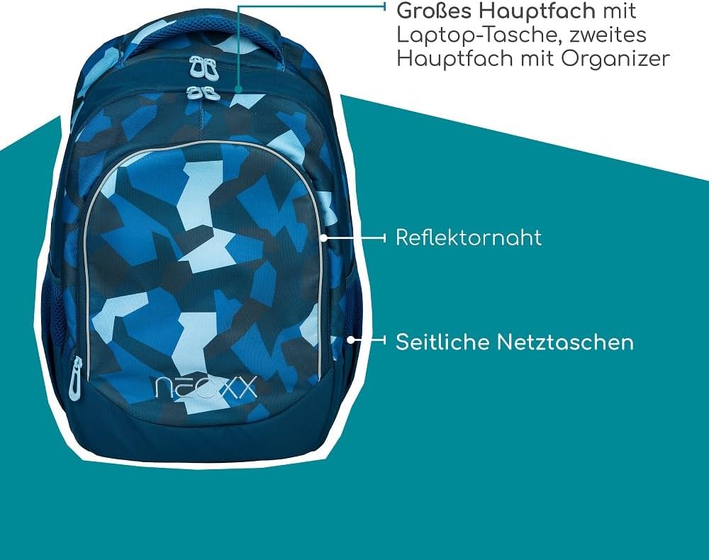 Familando Neoxx School Backpack 4-Piece Set with Pencil Case, Water Bottle and Rain Cover Backpack for School Ergonomic School Bag School Bag 5th to 12th Class, Camo Nation / Blue – Bild 2