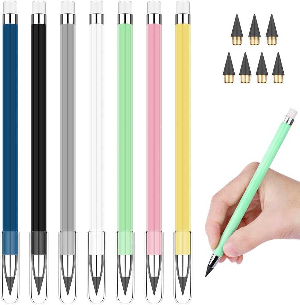 Vicloon Inkless Pencils Eternal, Pack of 7 with Eraser and Replacement Tips, Infinite Pencil without Sharpening for Writing, Drawing, Reusable (A)