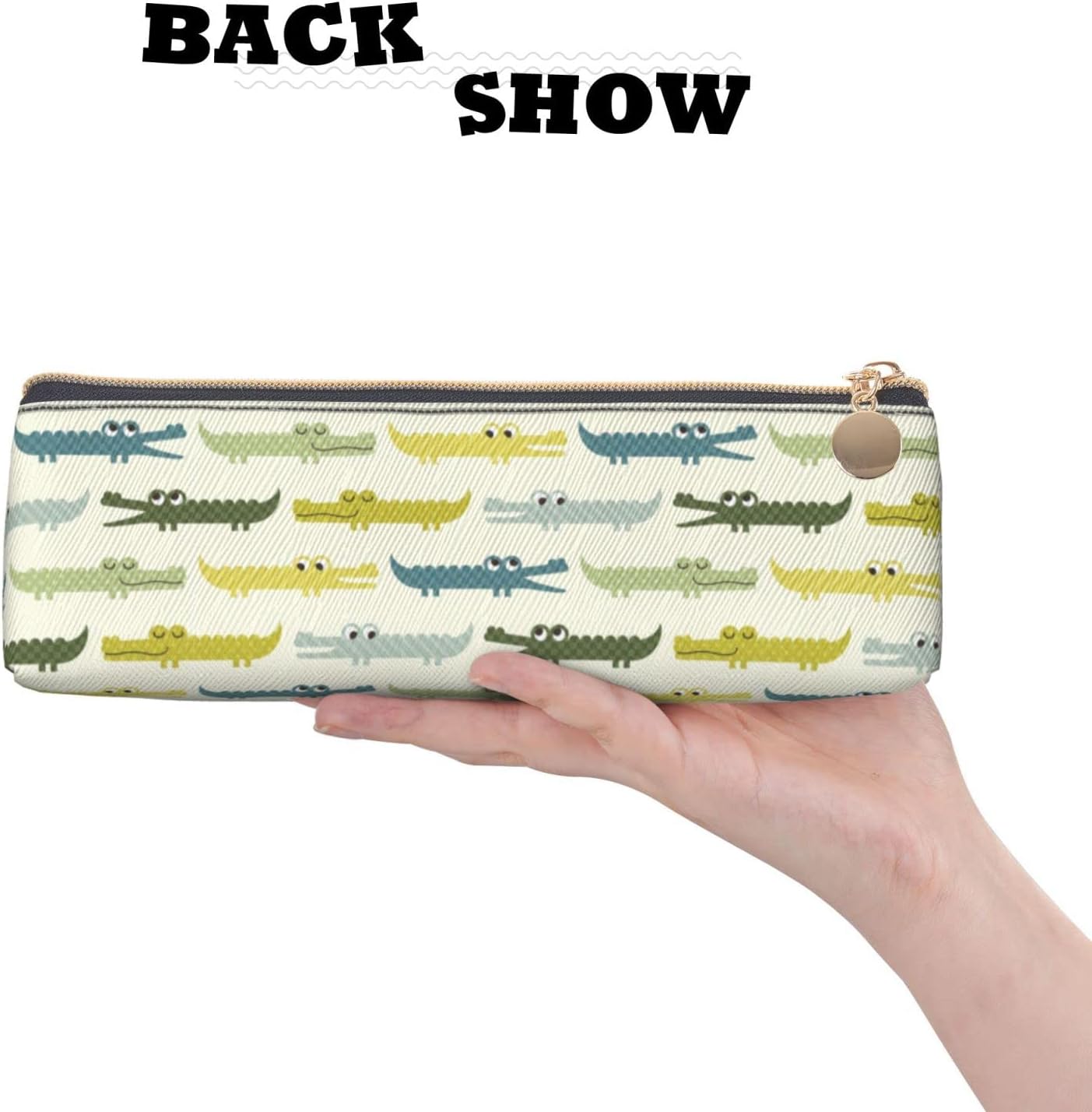 Cartoon Crocodile Pattern Pencil Pouch Triangle Pen Case Portable Pencil Bag Leather Organiser with Zip Cosmetic Bag, White, Bag organiser – Bild 4