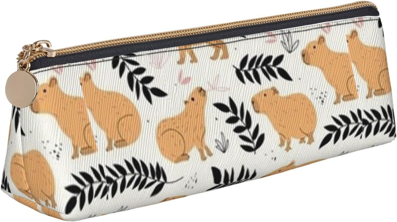 Cute Capybara Animal Pattern Pencil Case, Triangle Pencil Case, Portable Pencil Case, Leather Organizer with Zipper, Cosmetic Bag, White, Bag organiser