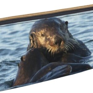 Cute Otters in the Sea Pencil Case Cosmetic Bag Pen Pouch Triangle Leather Storage Bag Stationery Organizer with Zipper for Adults Office, Cute Otters in The Sea 02, Bag organiser