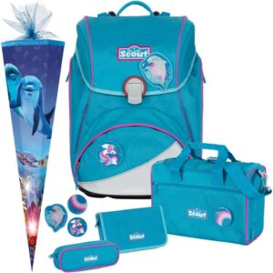Dolphins – Dolphin – Scout Alpha with Funny Snaps® School Bag Set 5 Pieces – Free School Bag, lightblue