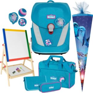 Dolphins – Dolphin – Scout Sunny II with Funny Snaps® School Bag Set 6 Pieces with Sports Bag and School Bag – Free Writing Board, lightblue