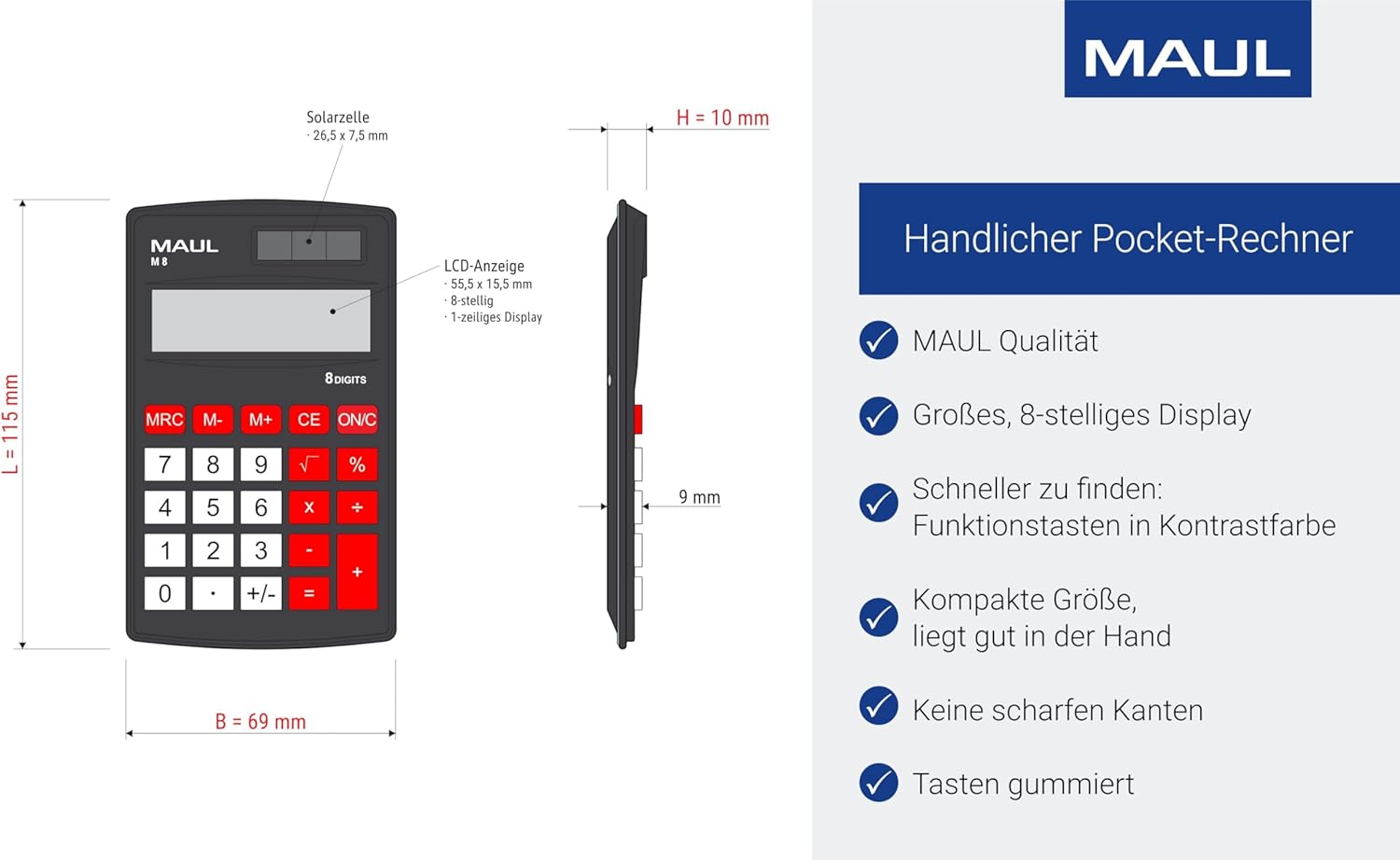 MAUL Calculator M8, Calculator with Large 8-Digit Display, Standard Functions for Office, School, Function Keys, Colourful, Solar Calculator with Battery Use in the Dark, Black – Bild 4
