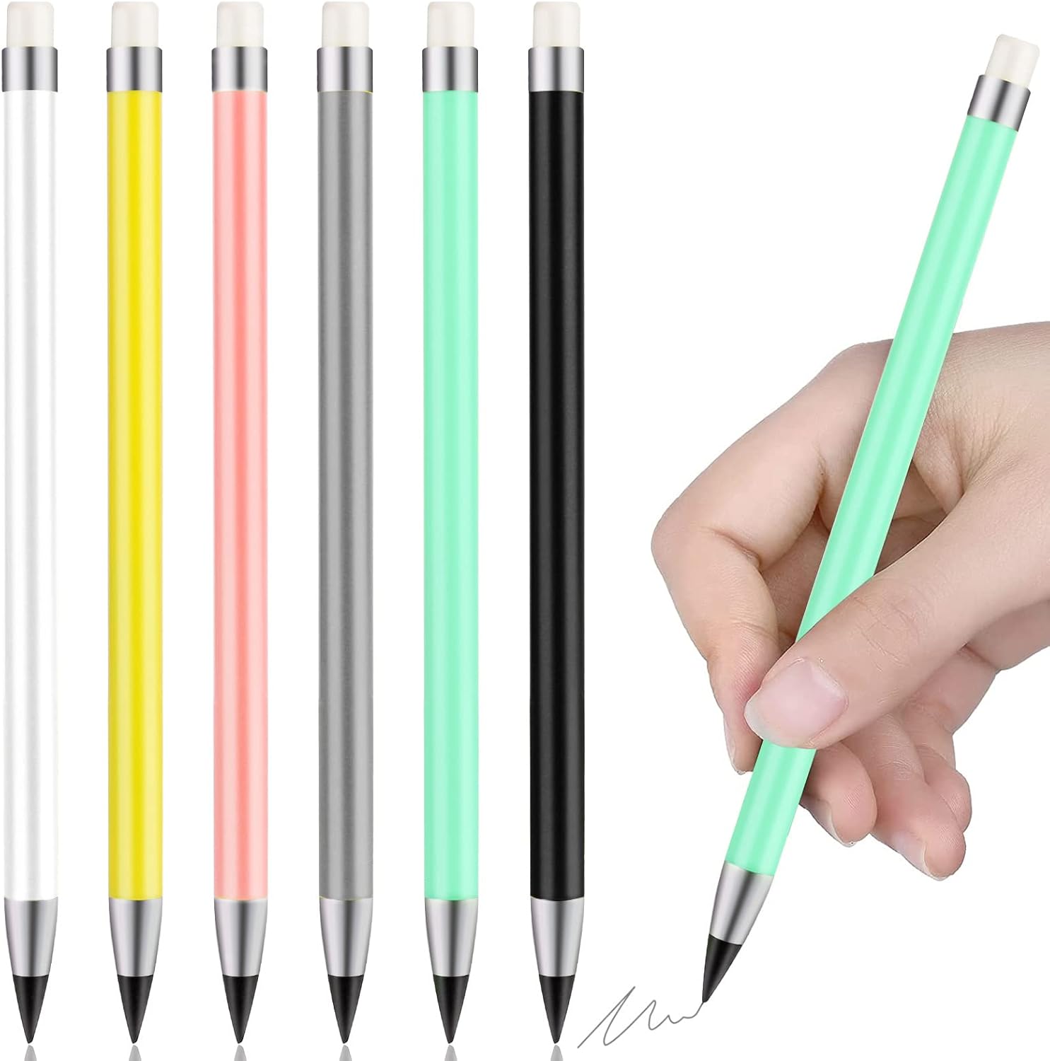 Runmeihe® 6 Perpetual Pencil with Eraser Unlimited Writing Inkless Pencils for Children Adults Students Artist Drawing Home Office School Supplies