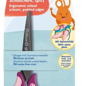 PELIKAN Griffix Pointed Scissors for Right-Handed Users, Length 15 cm, School Scissors, Titanium Coating, Ergonomic and Soft Handle, Ideal for Office and School, Pink Purple, Blister Packaging