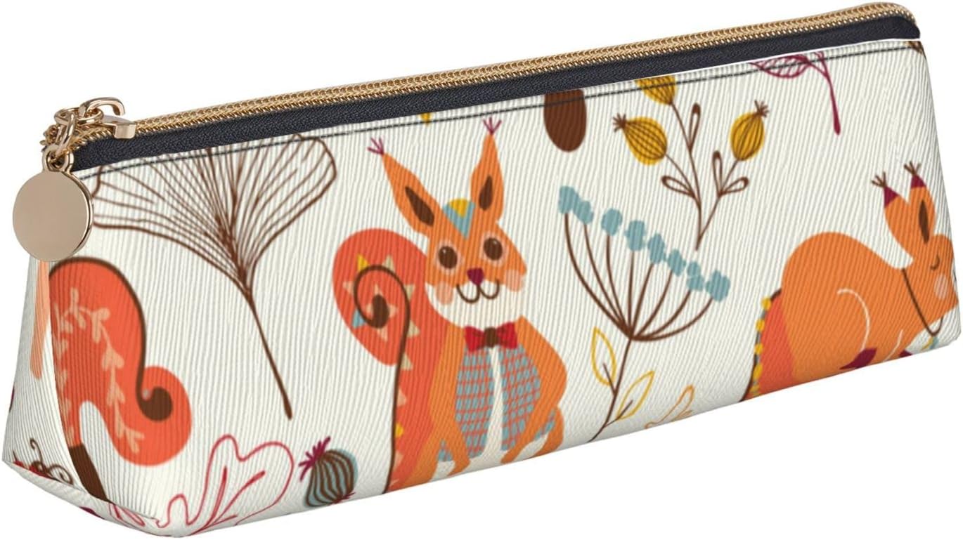 Cute Squirrel Mushroom Pencil Case Triangle Portable Pencil Case Leather Organizer Zipper Cosmetic Bag, White, Bag organiser