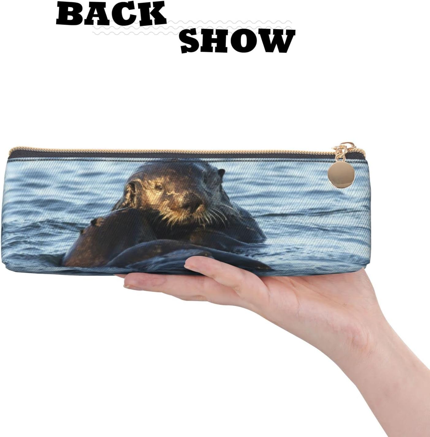 Cute Otters in the Sea Pencil Case Triangle Pencil Case Portable Pencil Case Leather Organizer with Zipper Cosmetic Bag, White, Bag organiser – Bild 4