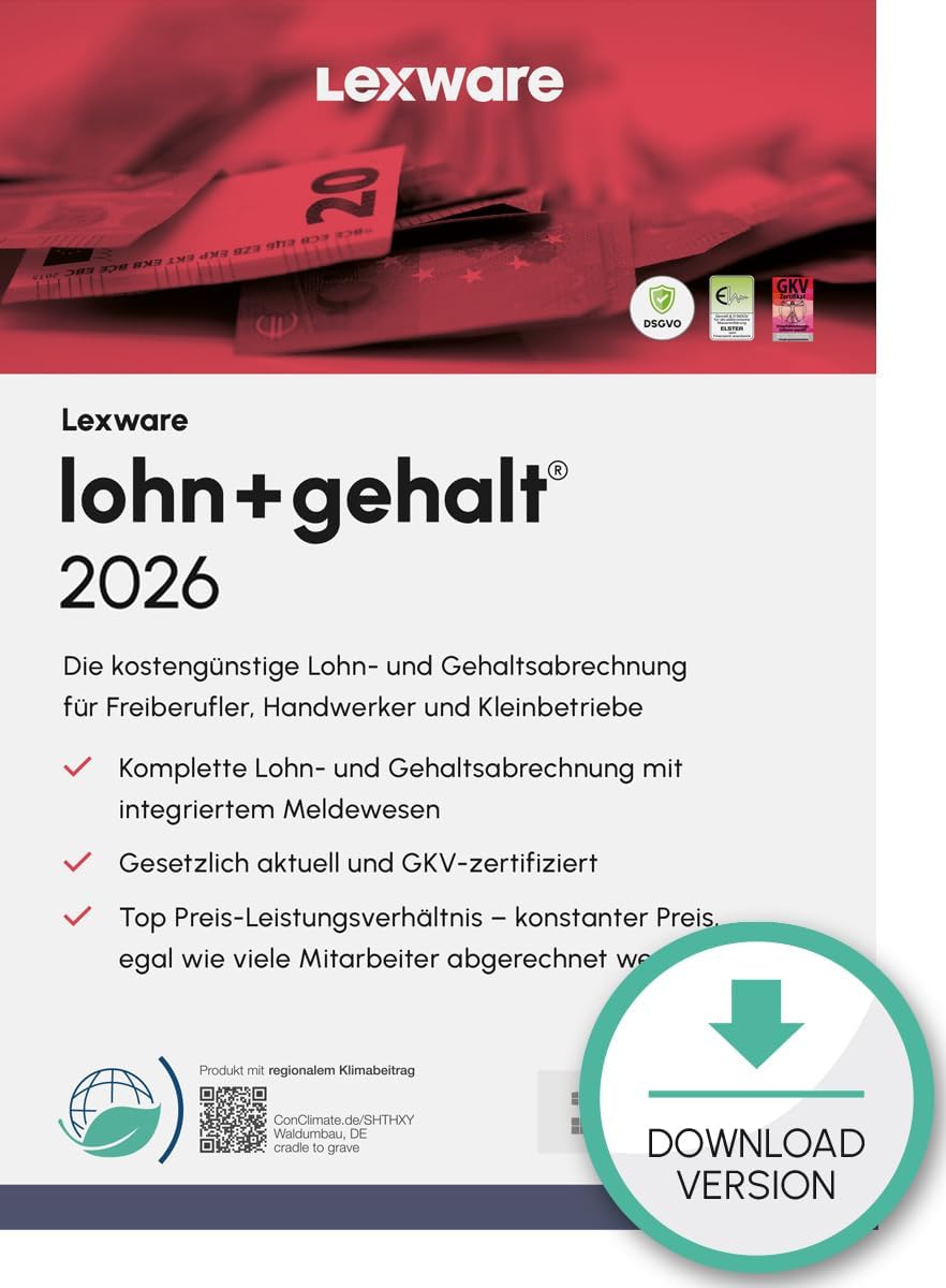 Lexware lohn+gehalt Standard 2026 (365 Tage)| Einfache Lohn- und Gehaltsabrechnungs-Software | PC Aktivierungscode per Email