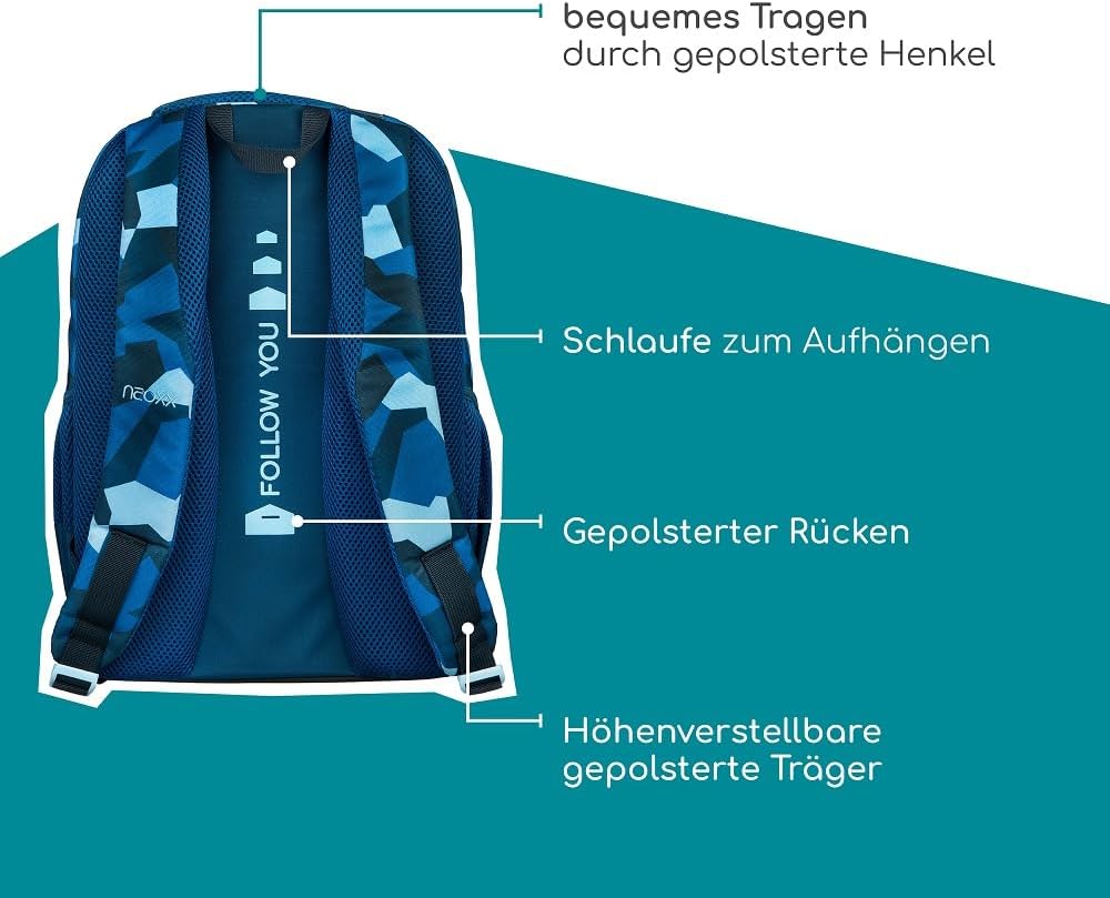 Familando Neoxx School Backpack 4-Piece Set with Pencil Case, Water Bottle and Rain Cover Backpack for School Ergonomic School Bag School Bag 5th to 12th Class, Camo Nation / Blue – Bild 3