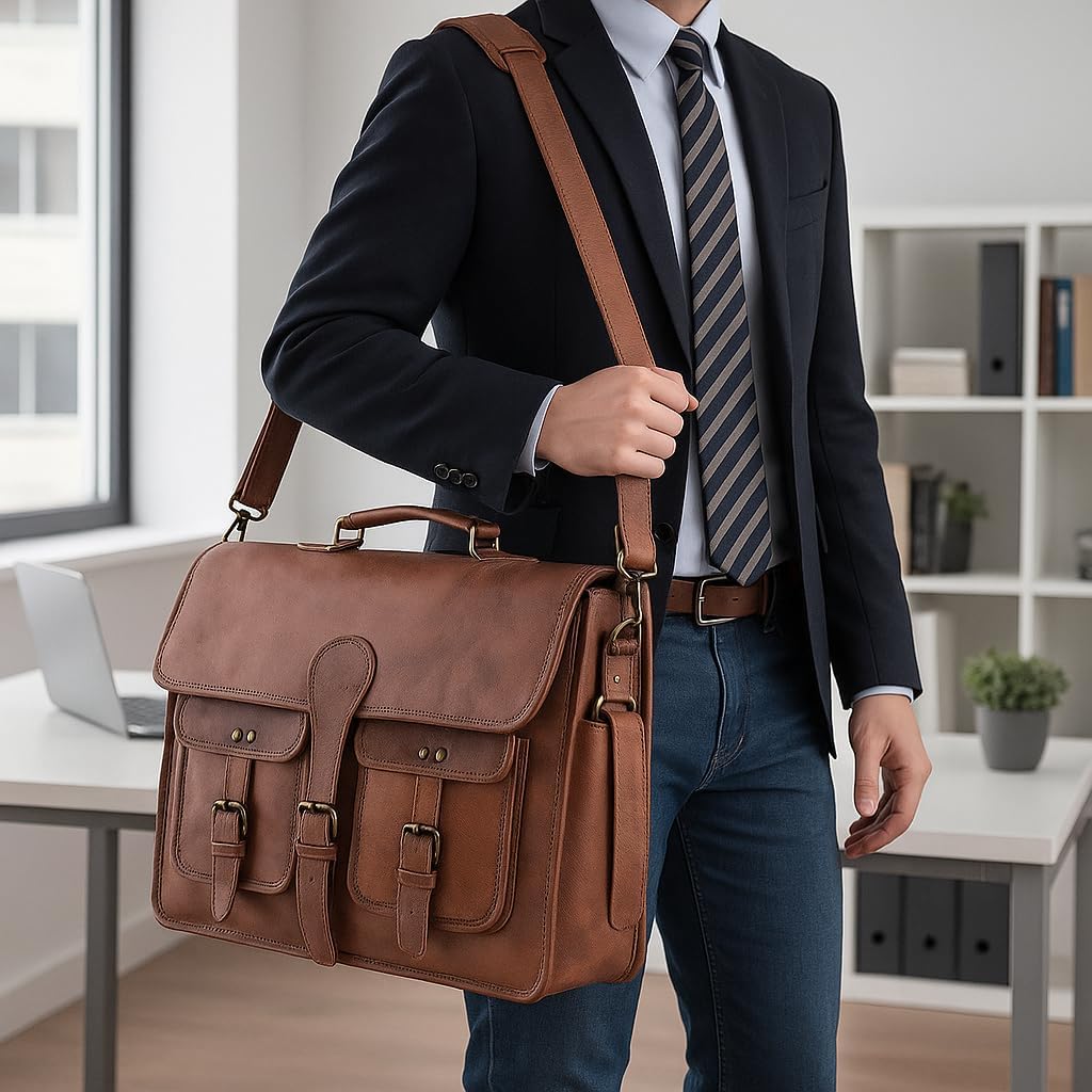 KPL 18 Inch Leather Briefcase Laptop Messenger Bag Best Computer Shoulder Bag Handmade Bag for Women Men Brown L School Bag – Bild 5