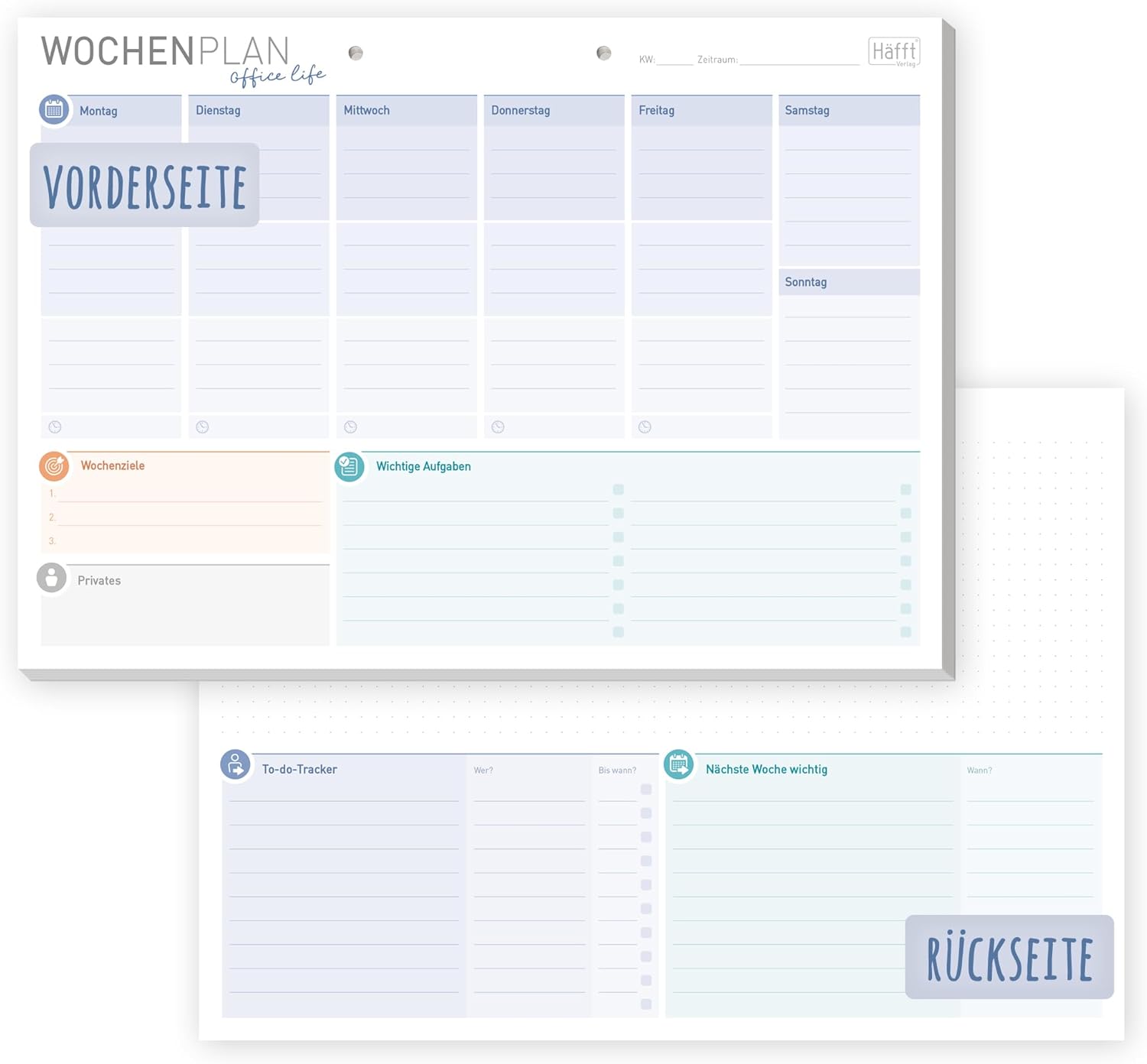 Häfft® Weekly Planner Pad A4 without Fixed Date "Office Life" 50 Sheets - Undated Diary with To-Do List, Goals & More - Climate-Friendly & Sustainable