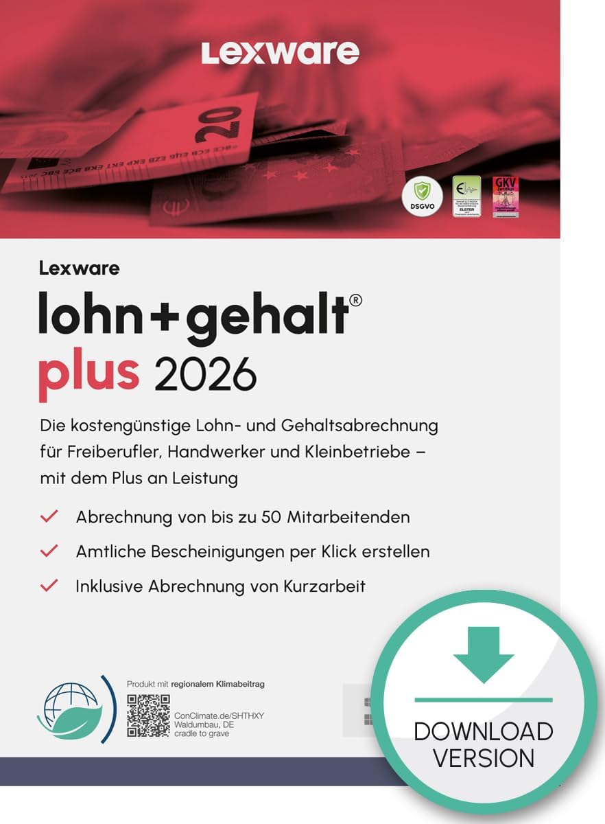 Lexware lohn+gehalt Plus 2026 (365 Tage)| Einfache Lohn- und Gehaltsabrechnungs-Software | PC Aktivierungscode per Email
