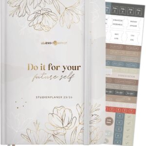 Lebenskompass Study Planner 2025 2026 A5 "Bloom" - Semester Planner for University & Study, Diary with Timetable, Note Lists, Reflection, Hardcover with Gold Embossing