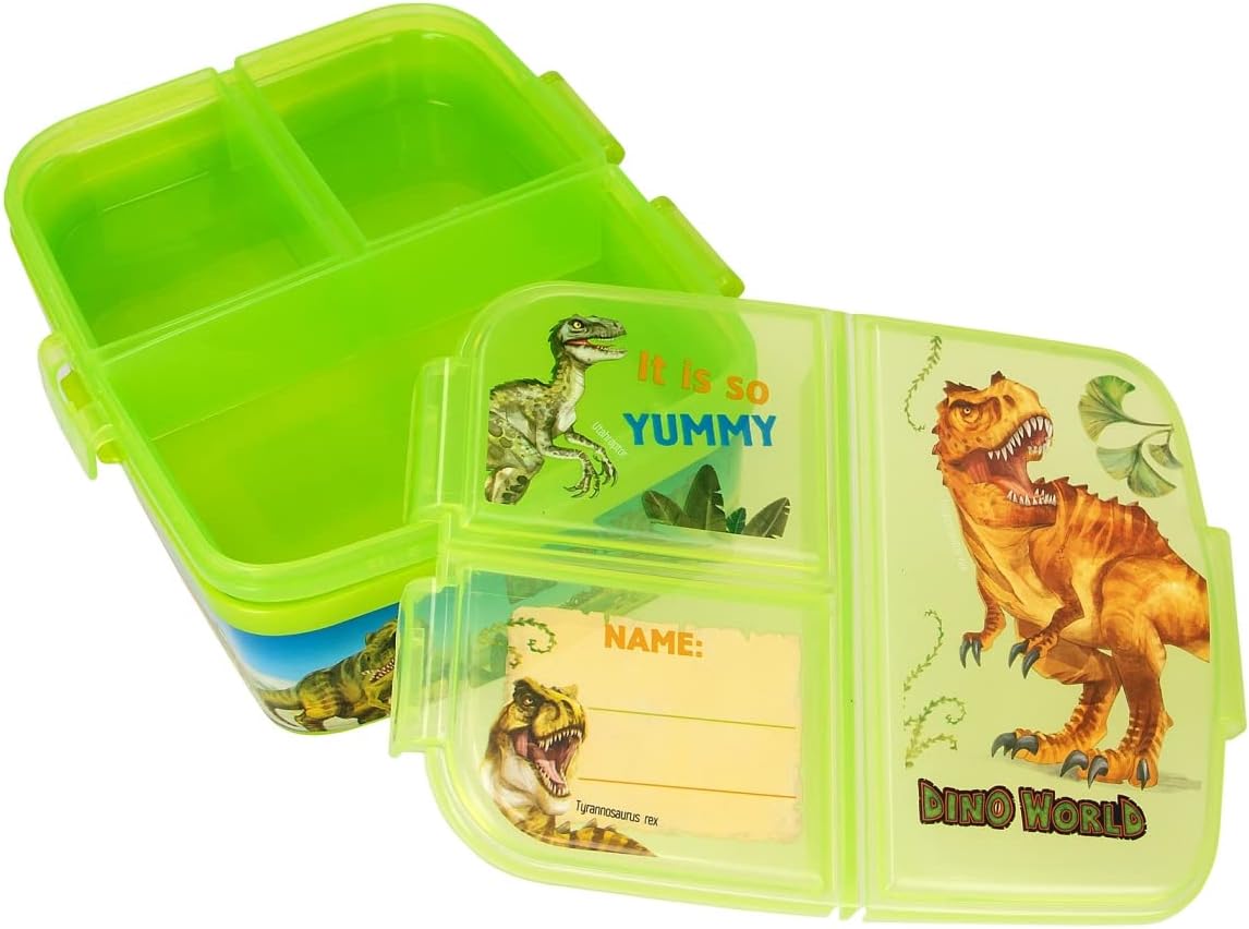 Depesche 12319 Dino World Green Lunch Box with 4 Compartments and Separate Flap Closures with Dinosaur Motif