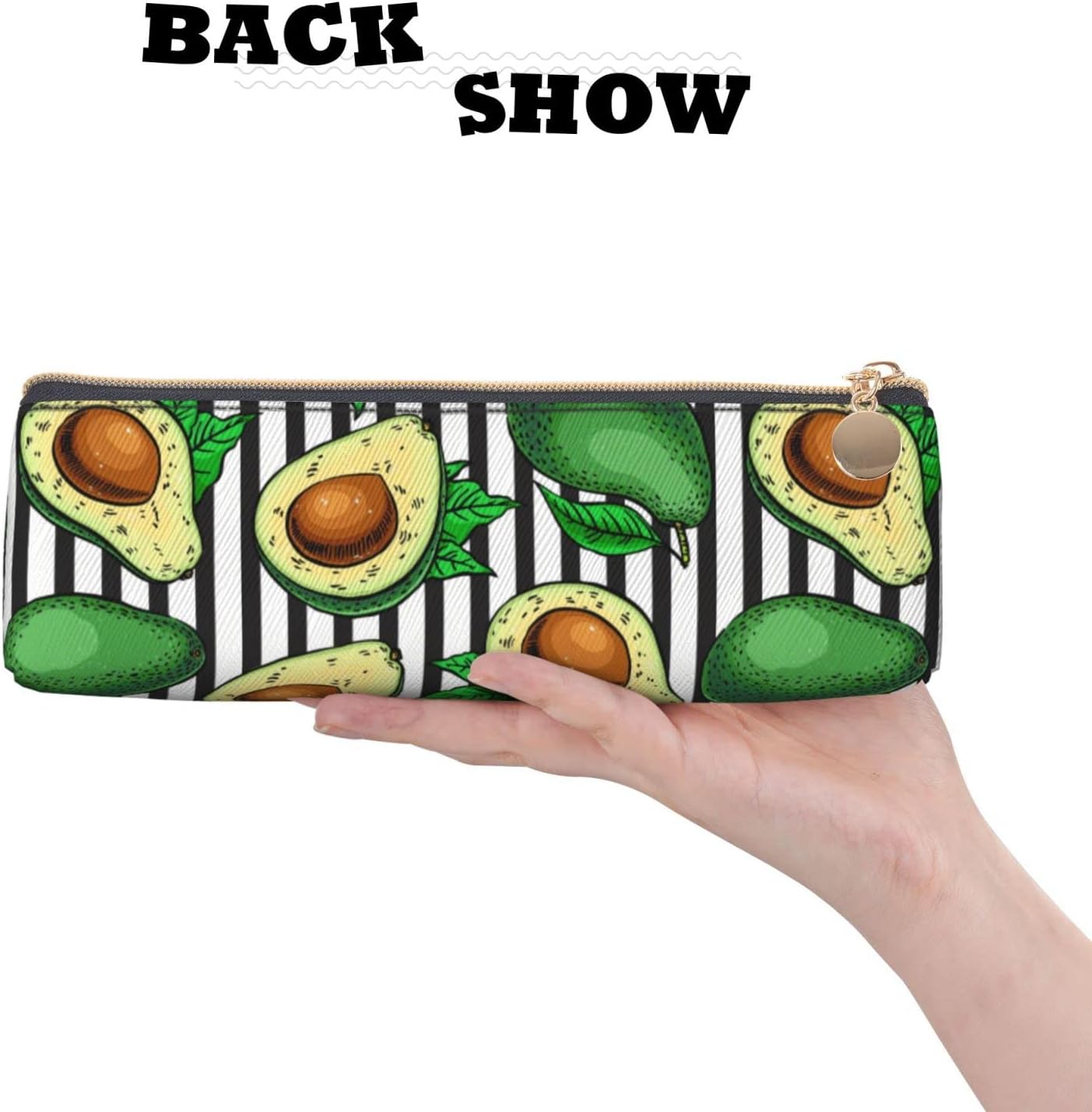 Federmäppchen mit Avocado-Motiv, schwarz-weiß gestreift, dreieckiges Stiftetui, tragbares Federmäppchen, Leder-Organizer mit Reißverschluss, Kosmetiktasche – Bild 4