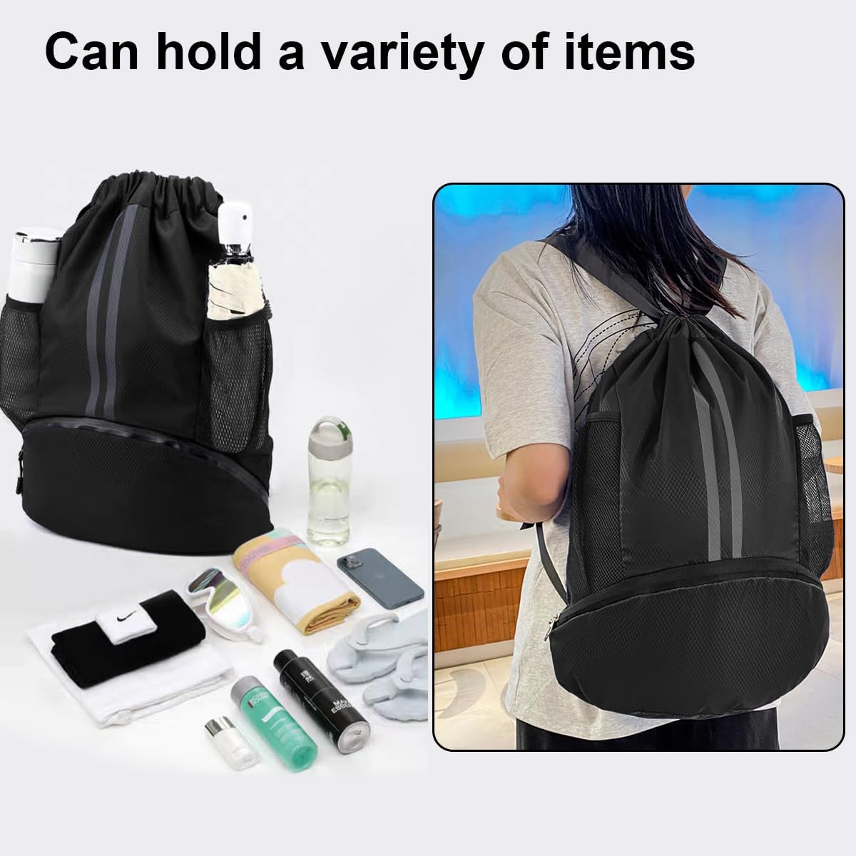 Gym Bag, Sports Bag, Football Bag, Sports Backpack with Wide Drawstring, Mesh Bag, Ball Compartment, Outer Pocket, Adjustable Drawstring Gym Bag for Men and Women – Bild 7