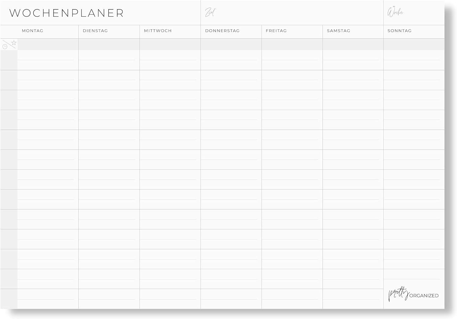Pretty Organised Weekly Planner Pad without Fixed Times in Modern & Minimalist Design, Ideal for Time Blocking, Suitable for A4 and A5 Notebook, Sustainably Made