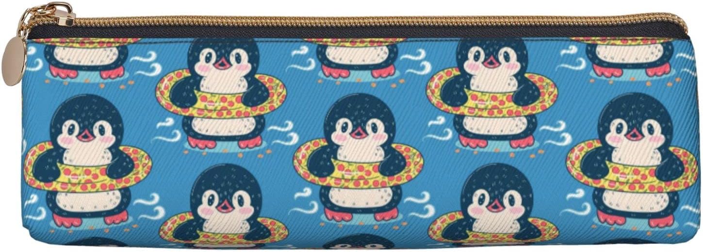 Federmäppchen mit schwimmendem Pinguin-Muster, dreieckiges Stiftetui, tragbares Federmäppchen, Leder-Organizer mit Reißverschluss, Kosmetiktasche – Bild 2
