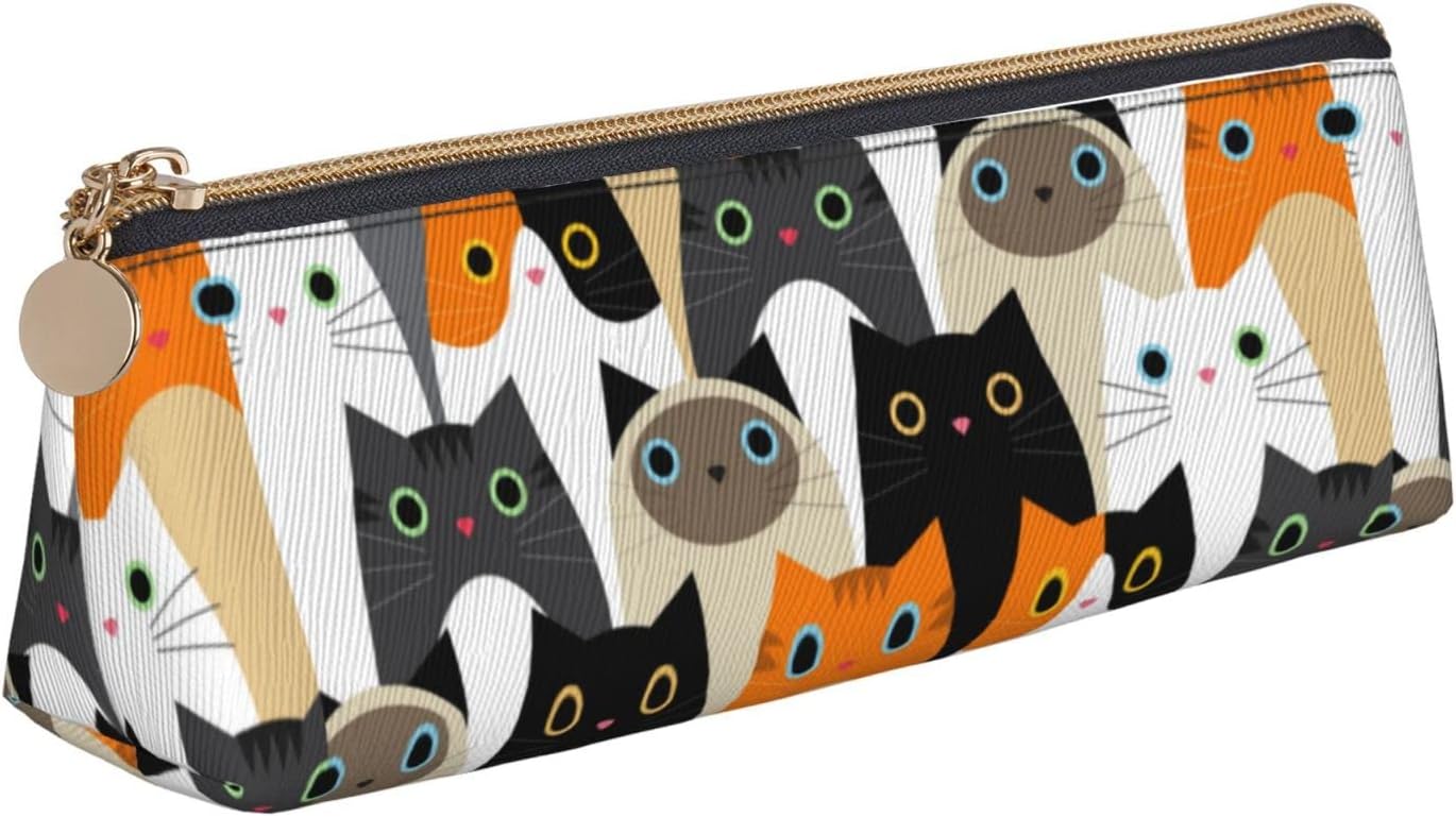 Cute Animal Cat Pencil Case Triangle Pencil Case Portable Pencil Case Leather Organizer Zipper Cosmetic Bag, White, Bag organiser