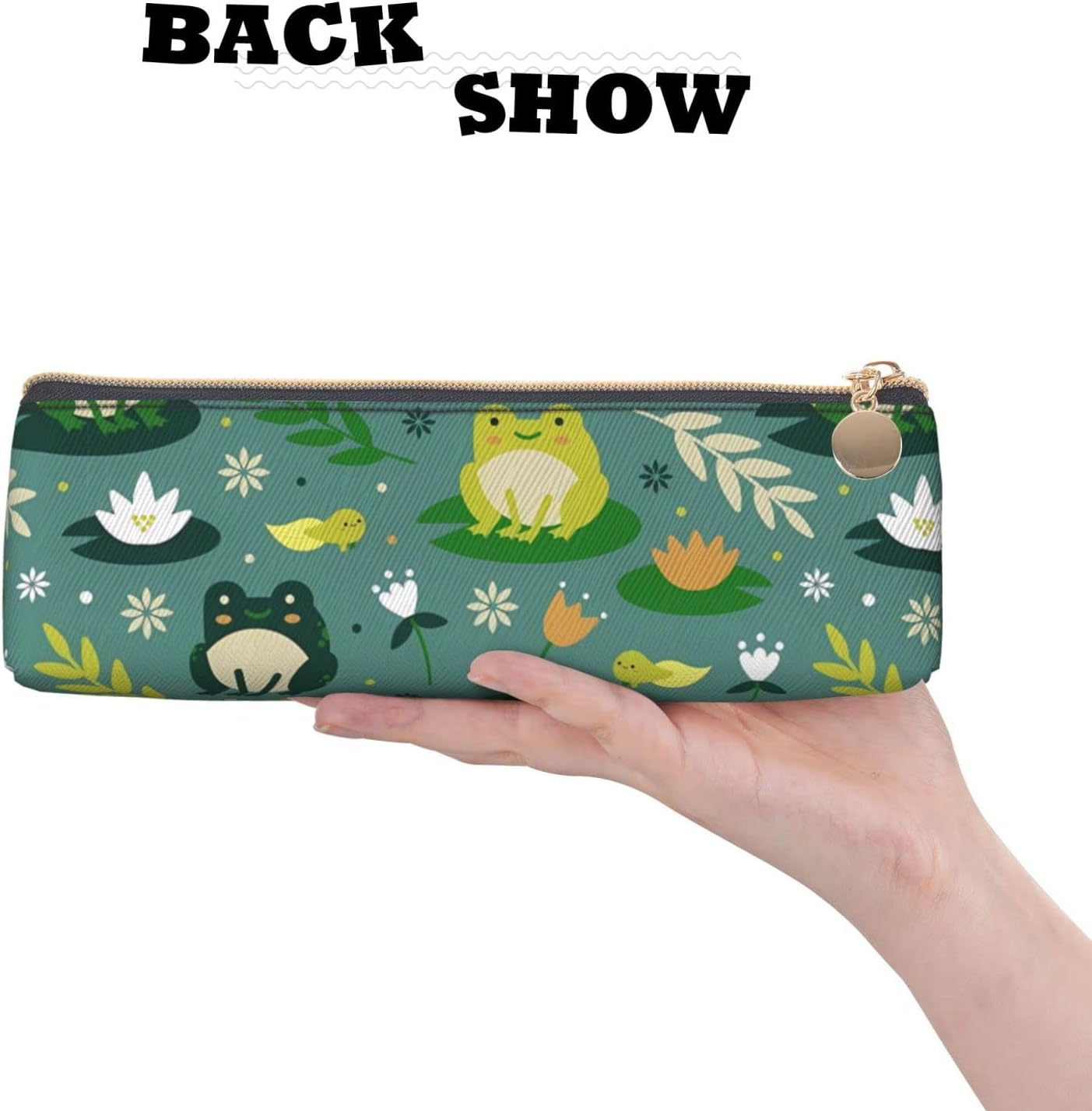 Federmäppchen mit niedlichem grünem Frösche-Muster, dreieckiges Stiftetui, tragbares Federmäppchen, Leder-Organizer mit Reißverschluss, Kosmetiktasche – Bild 4