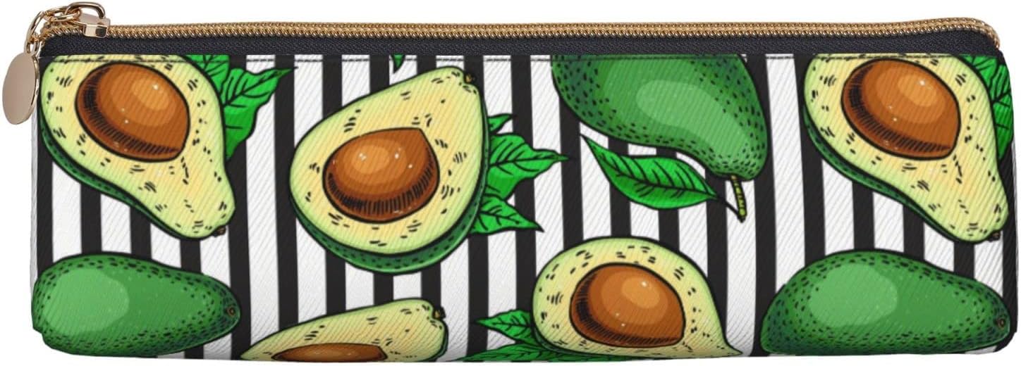 Federmäppchen mit Avocado-Motiv, schwarz-weiß gestreift, dreieckiges Stiftetui, tragbares Federmäppchen, Leder-Organizer mit Reißverschluss, Kosmetiktasche – Bild 2