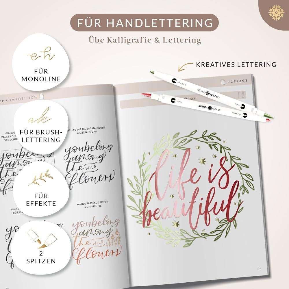 LEBENSKOMPASS® Metallic Dual Brush Pen Set with 12 Water-Based Colourful Colours for Shimmering Metallic Effects Brush Pens for Colouring Books, Hand Lettering, Calligraphy & Bullet Journal – Bild 4