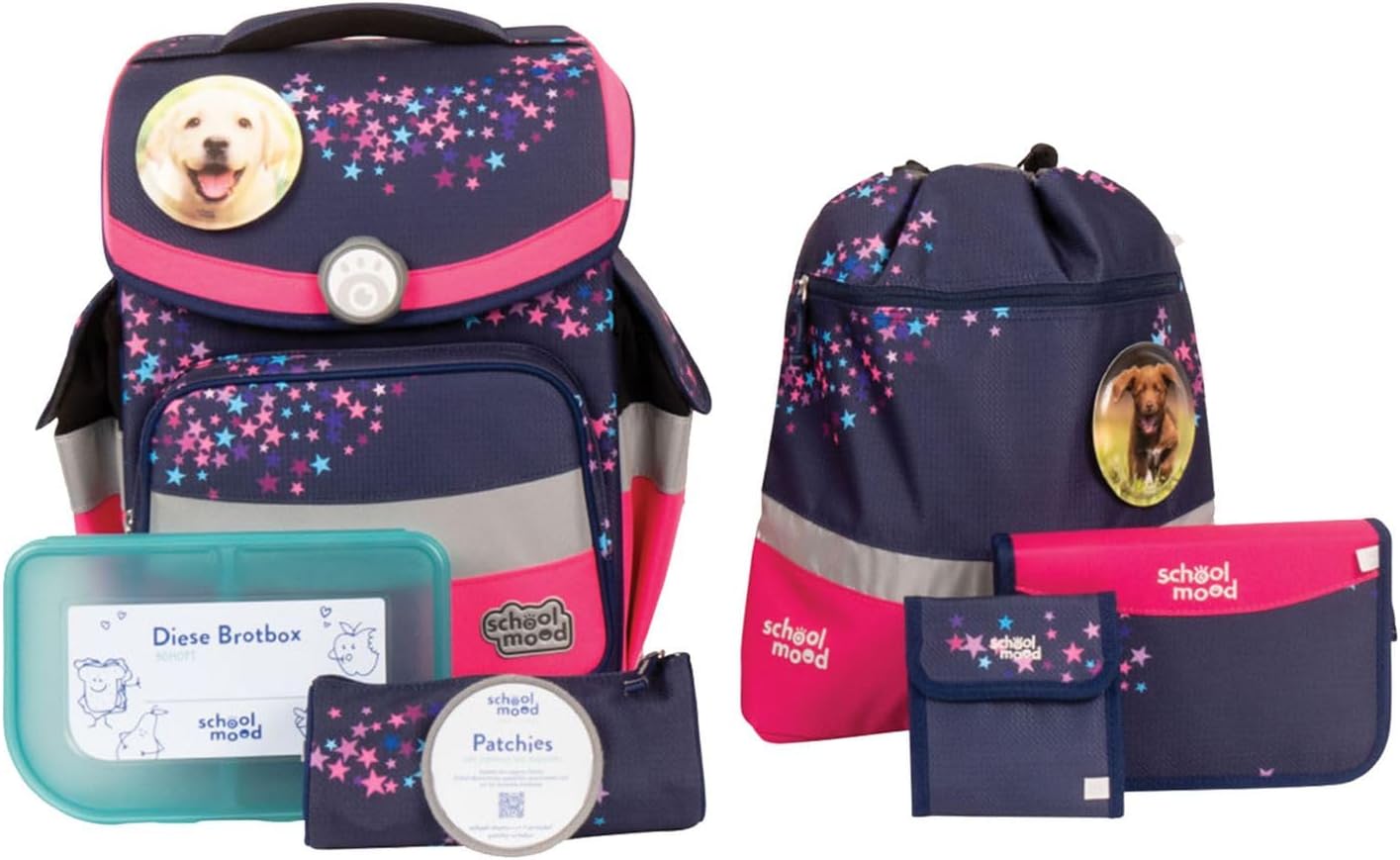 SCHOOL-MOOD - School Bag Set Dog, 7-Piece - Timeless Air+ - Ergonomic School Bag Boys & Girls - School Bag for Children in 1st to 4th Class - Leni (Dog)