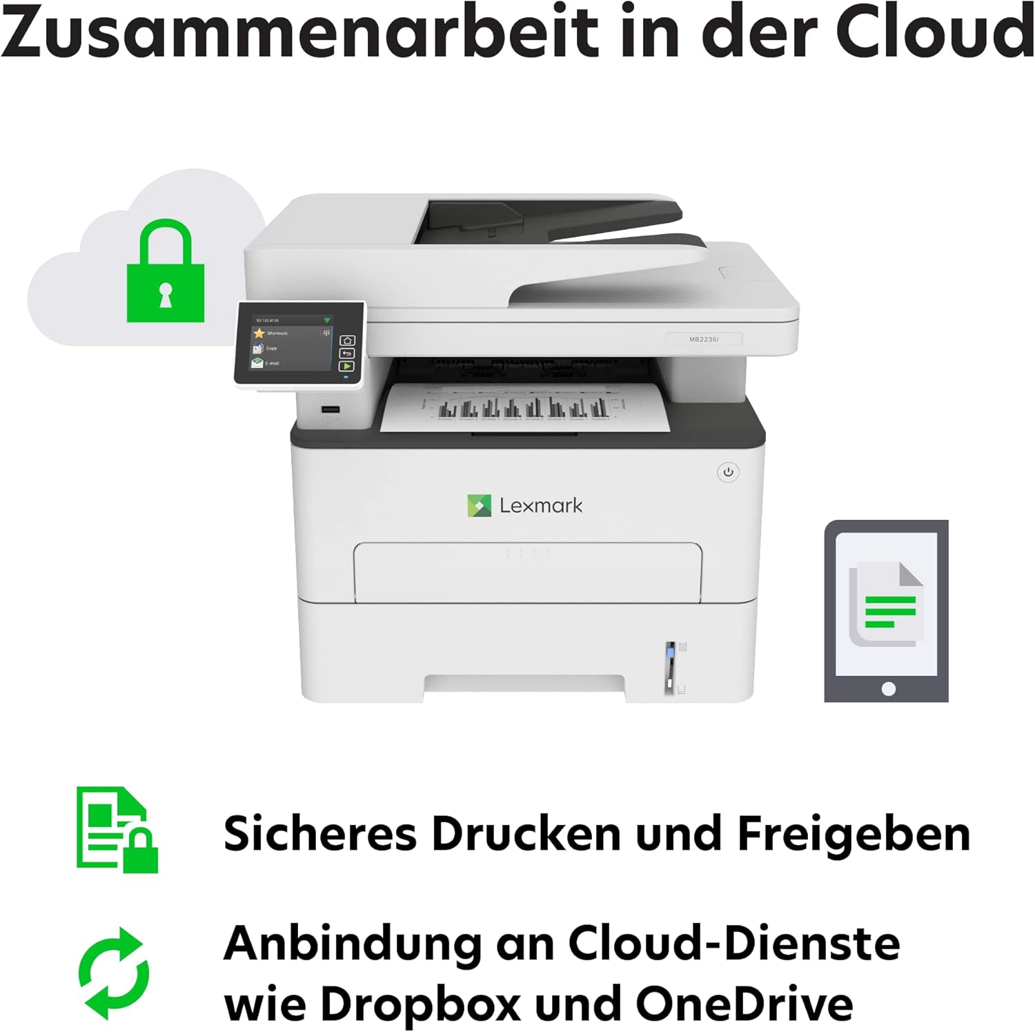 Lexmark MB2236i 3-in-1 Mono Laser Multifunction Device (Printer, Copier, Scanner, Wi-Fi, Network Connection, up to 34 ppm, Automatic Double-Sided Printing, 7.2 cm Touchscreen) White, Grey – Bild 3