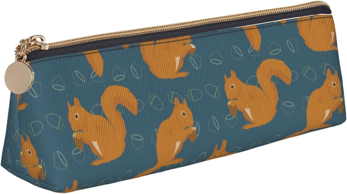 Federmäppchen mit niedlichem Eichhörnchen-Tiermuster, dreieckig, tragbares Federmäppchen, Leder-Organizer mit Reißverschluss, Kosmetiktasche