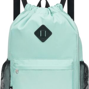 WANDF Drawstring Backpack Sports Bag with Shoe Compartment Water Resistant String Backpack Cinch for Women Men, Mint Green Large, L, Rucksack