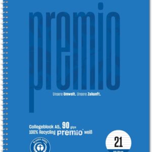Staufen premio College Notepad – Pack of 5, 80 Sheets, DIN A5, Line Style 21 (9 mm Lined), 6-Hole Punch, 90 g/m² Recycled Paper
