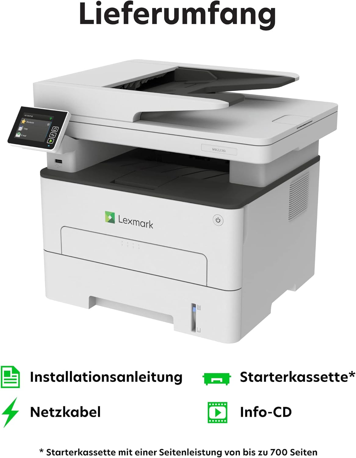 Lexmark MB2236i 3-in-1 Mono Laser Multifunction Device (Printer, Copier, Scanner, Wi-Fi, Network Connection, up to 34 ppm, Automatic Double-Sided Printing, 7.2 cm Touchscreen) White, Grey – Bild 6
