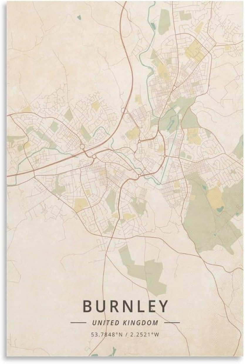 LZTEN Burnley Poster mit Karte des Vereinigten Königreichs, Vintage-Druck, Leinwand, Wandkunstdruck, Poster für Zuhause, Schule, Büro, Dekoration, ungerahmt, 40 x 60 cm