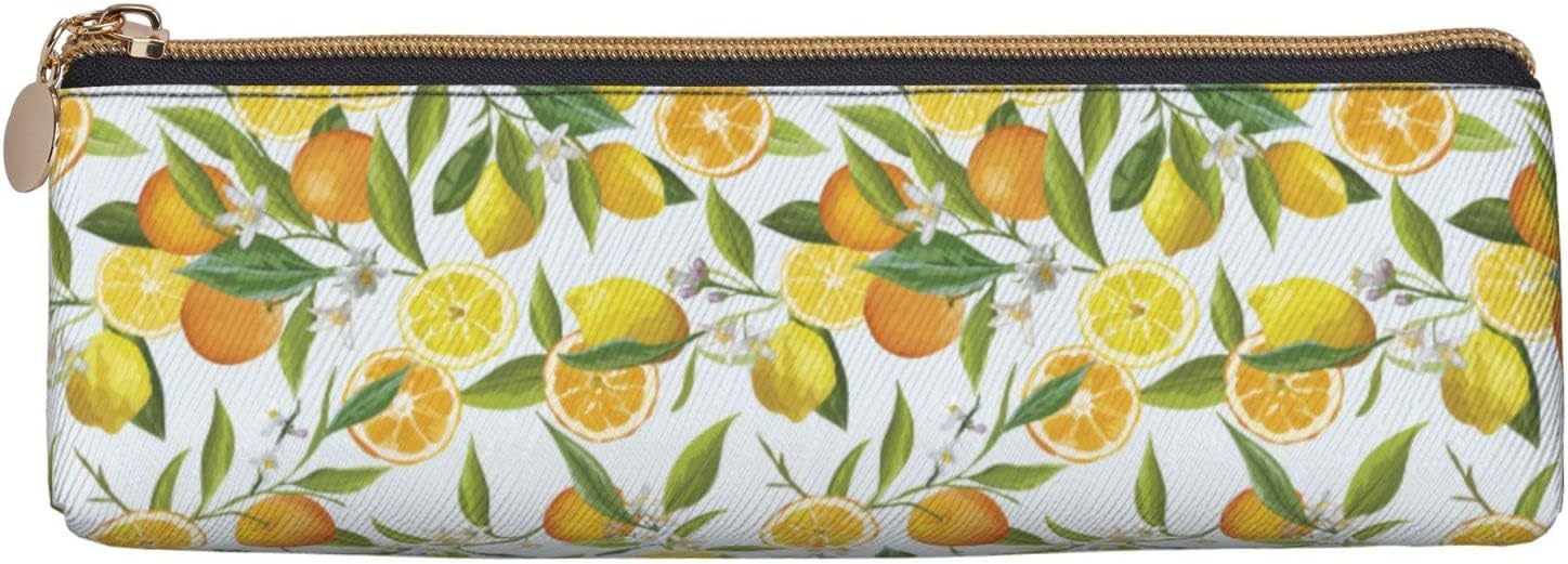 Federmäppchen mit Zitronen- und Orangenblüten-Motiv, Kosmetiktasche, Stiftetui, dreieckiges Leder, Aufbewahrungstasche, Schreibwaren-Organizer mit Reißverschluss, für das Büro von Erwachsenen – Bild 3