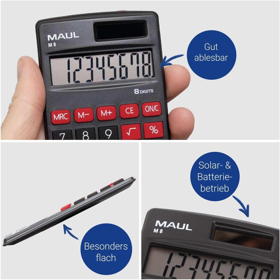 MAUL Calculator M8, Calculator with Large 8-Digit Display, Standard Functions for Office, School, Function Keys, Colourful, Solar Calculator with Battery Use in the Dark, Black – Bild 3