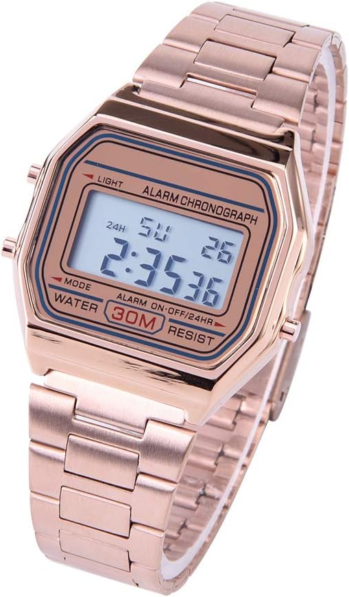 Tbest Old Digital Watch, Vintage Pink, B640Wc, Ceas Women's Digital Watch Digital LED Back Light Electronic Stainless Steel Strap Watch Rec Wristwatch Rose Gold – Bild 5