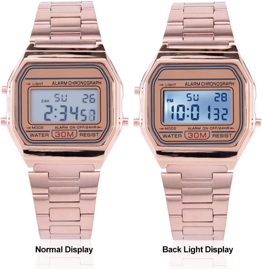 Tbest Old Digital Watch, Vintage Pink, B640Wc, Ceas Women's Digital Watch Digital LED Back Light Electronic Stainless Steel Strap Watch Rec Wristwatch Rose Gold – Bild 2
