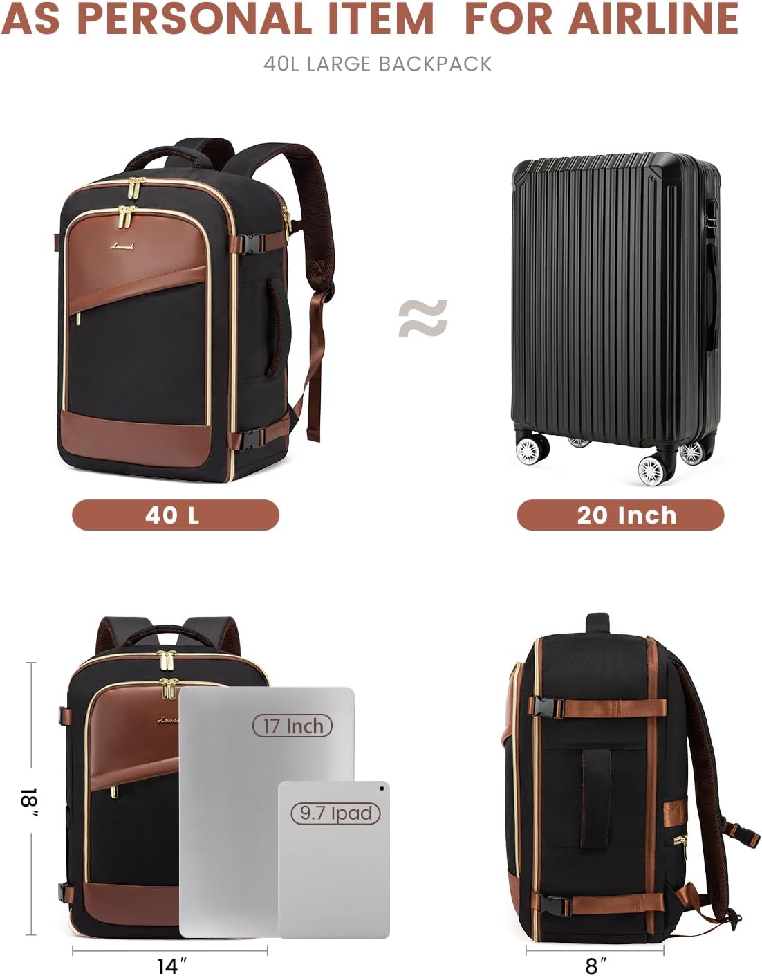 LOVEVOOK Hand Luggage Backpack Airplane, Travel Backpack Women's Waterproof Travel Backpack with Shoe Compartment Women Men Large 40L, Laptop Backpack with Laptop Compartment for School Work Camping – Bild 3