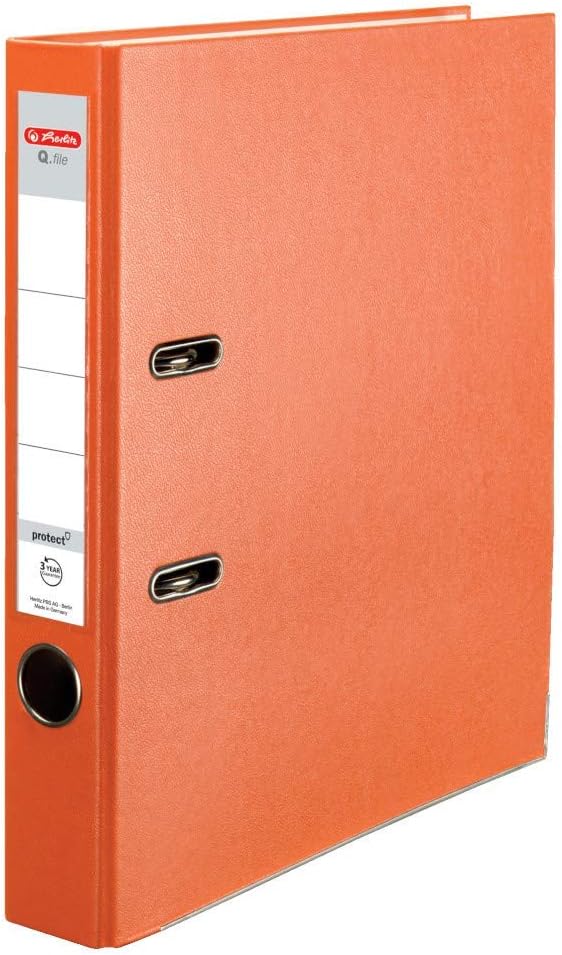 Herlitz® Q.file Folder | Spine 5 cm | PP Film | Office Organiser for A4 Documents | Change Label | Lever Mechanism with Print Strip | Holds 350 Sheets | Orange