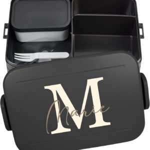 Mepal Bento Lunch Box Take a Break Personalised, Lunch Box with Compartments Insert, Lunch Box with Name, Bento Box Set Colourful Print Letter Initial Large Black