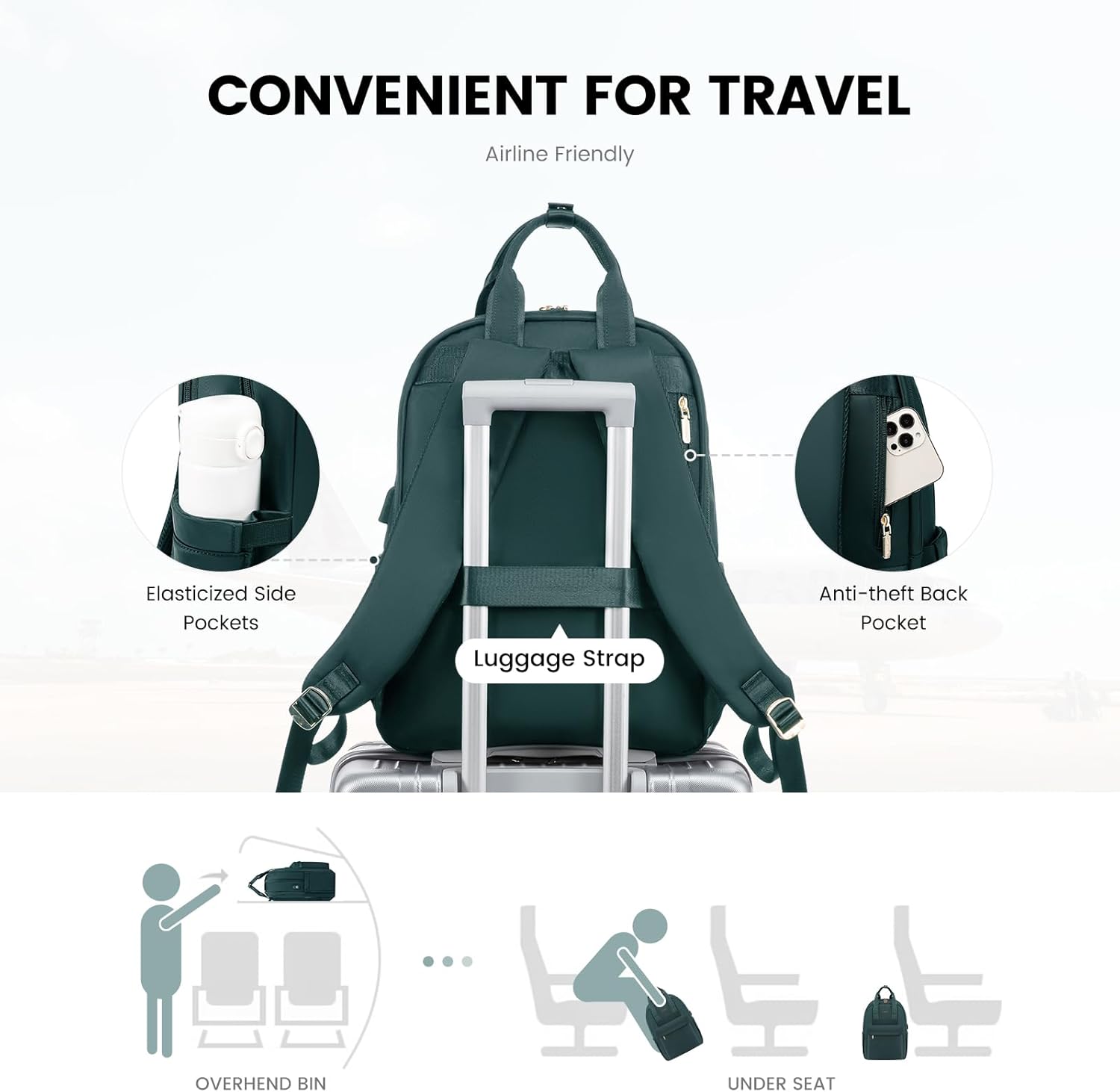 LOVEVOOK Laptop Backpack Women's 15.6 Inch School Backpack Teenager with USB Charging Port, Waterproof Daypacks Travel Backpack, Elegant Travel Backpack Daypack for School, Office, Travel, Dark Green – Bild 5