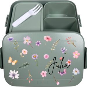 Mepal Bento Lunch Box Take a Break Personalised Flowers, Lunch Box with Compartments Insert Adults, Lunch Box with Name, Bento Box Set Meal Prep Midi Mint