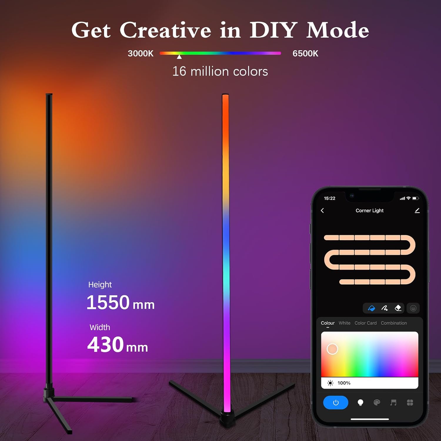 LED Corner Lamp, WiFi RGBCW Floor Lamp Living Room Dimmable LED Floor Lamp Compatible with Alexa/Google Home, Corner Light with Remote Control, Modern Reading Lamp, Smart Floor Lamp, Bedroom – Bild 4