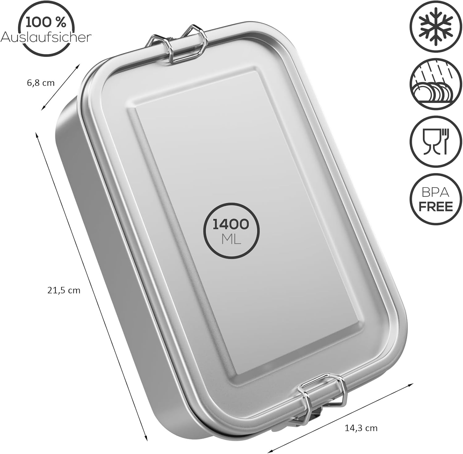 WELLGRO Stainless Steel Square Containers - 550 ml 850 ml 1400 ml 2400 ml Leak-Proof Metal Lunch Box Lunch Box Capacity 1400 ml – Bild 5