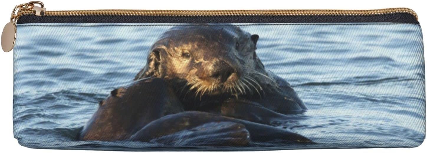 Cute Otters in the Sea Pencil Case Triangle Pencil Case Portable Pencil Case Leather Organizer with Zipper Cosmetic Bag, White, Bag organiser – Bild 2