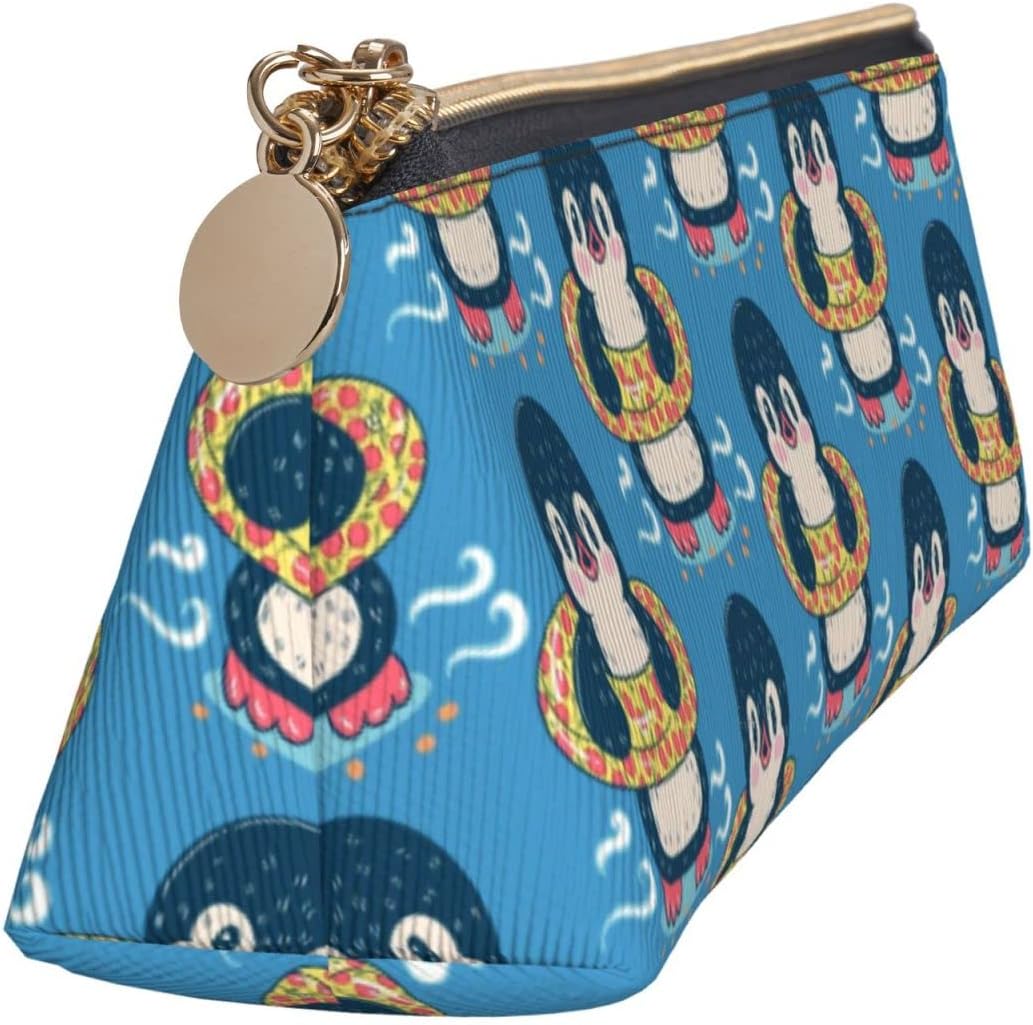 Federmäppchen mit schwimmendem Pinguin-Muster, dreieckiges Stiftetui, tragbares Federmäppchen, Leder-Organizer mit Reißverschluss, Kosmetiktasche – Bild 3